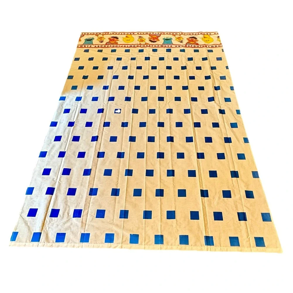VTG Sesame Street Twin Size Flat Sheet Characters ABCs‎ Blue Checkers Classic